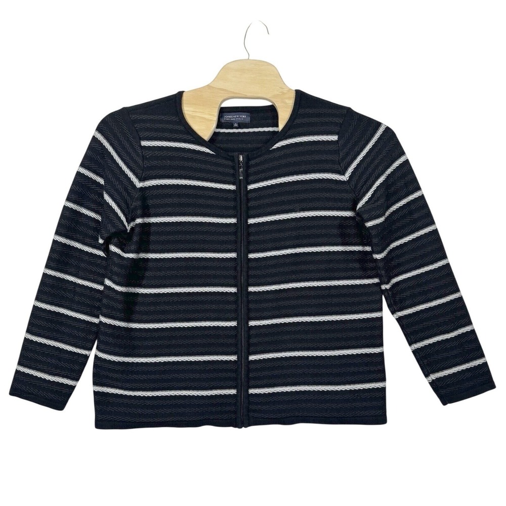 Jones New York Cardigan Woman 1X Black White Striped Zip Up Textured Knit